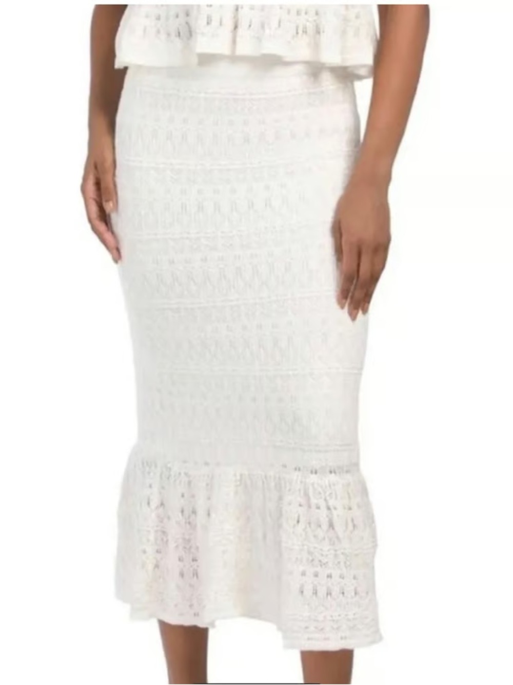 Joie White Crochet Midi Skirt with Ruffle Hem